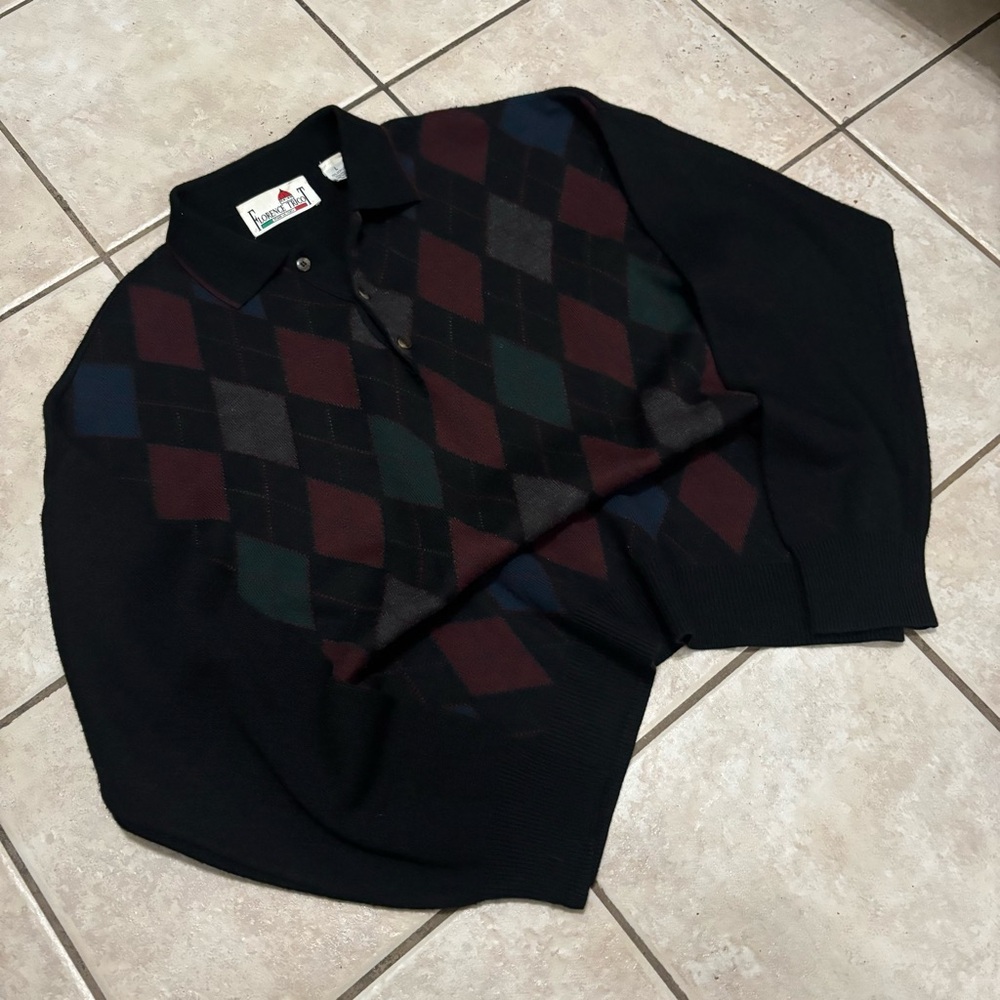 Vintage 80s/90s wool dark acadamia Florence Tricot argyle knit polo sweater